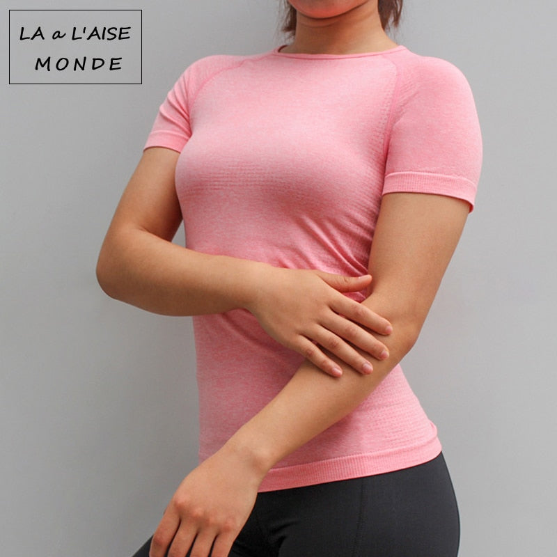 Damen Nahtloses Sportshirt, Kurzarm Yoga Sportbekleidung für Damen