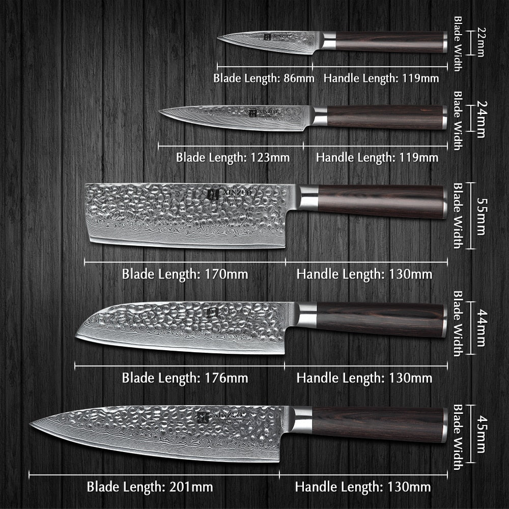 XINZUO 5PCS Kitchen Knives Set Japanese Damascus Stainless Steel New designed Knife Cleaver Nakiri Knife with Pakkawood Handle