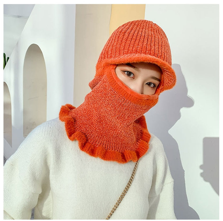Warmer Hals Strickmütze Pelz Pompoms, Maske Wintermütze für Damen, Wolle Strickmütze