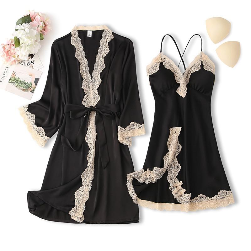Spitzenbesatz Sexy Hochzeitsdame Robe -Anzug, Kimono Bademantel Kleid für Mini Nachtwäsche & Intime Dessous