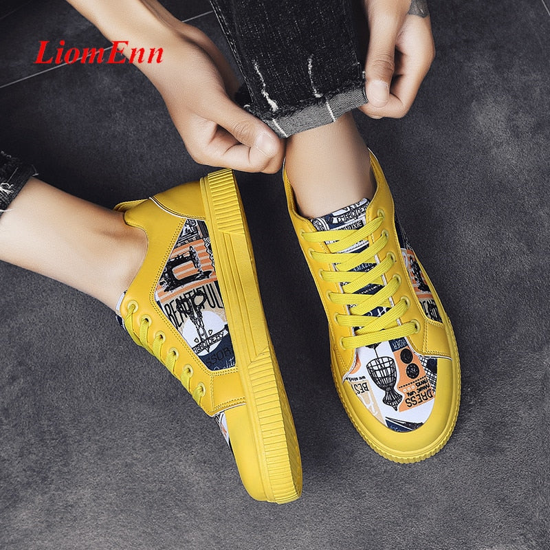Graffiti Gelb Weiß Sneakers für Frauen, Flache Sport- und Freizeitschuhe, style Vulkanisiert