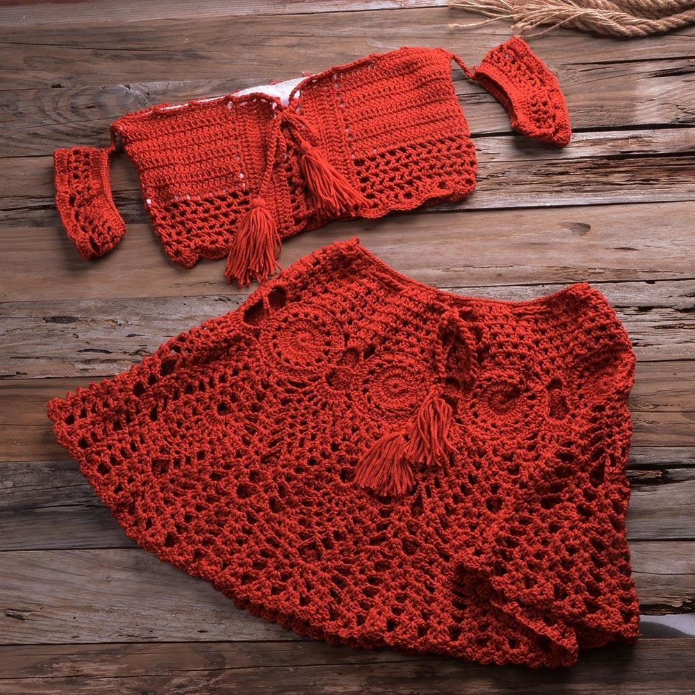 Handgestricktes Sommer Strandkleid-Set, zweiteiliges Set mit aushöhlen Crop Top Minirock