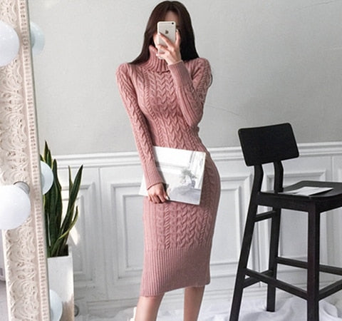 Rollkragen Pulloverkleid für Frauen, Elegant, Langarm gestrickter Bodycon