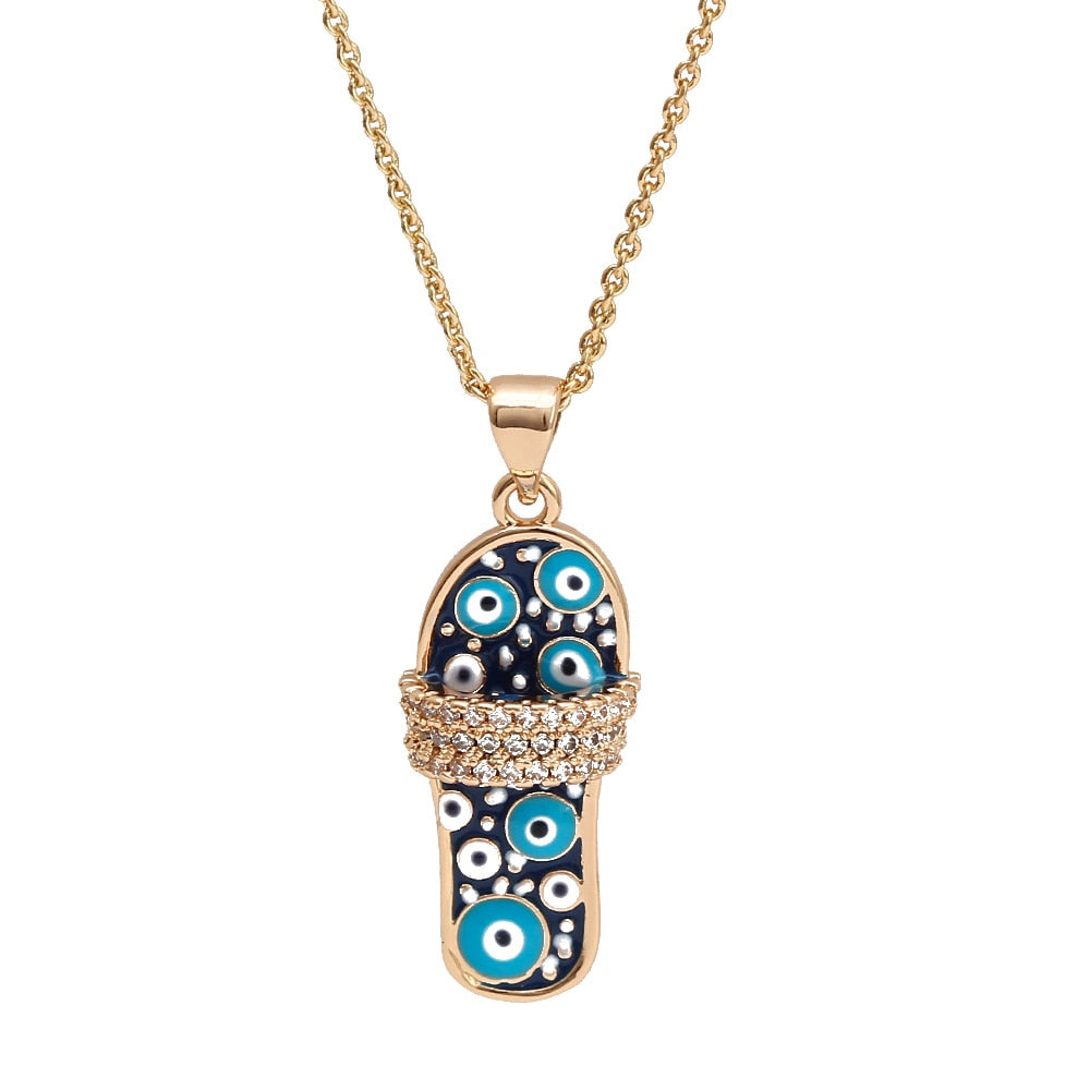 Lucky Eye Eulenherz Fatima Handpantoffeln Türkischer Böser Blick Anhänger Halskette Kupfer Goldfarbe, Langkettige Halskette für Frauen BE132