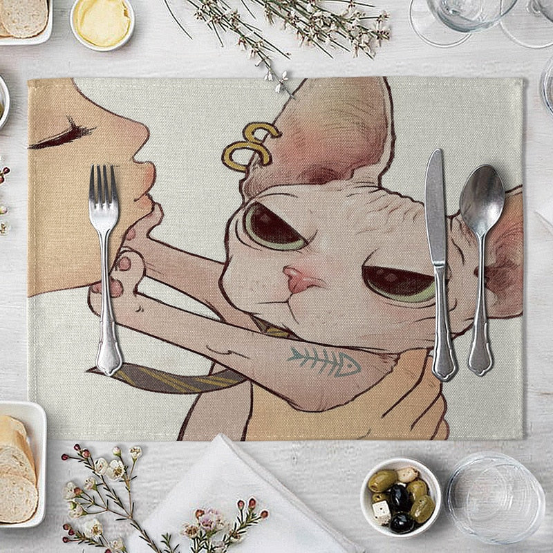 Abwaschbare Katzen Tischsets, Süße Katze Cartoon als Tiermuster