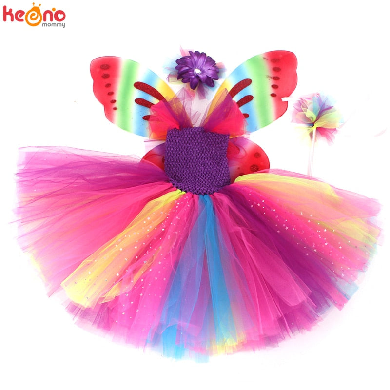 Mädchen Schmetterling Fee Kostüm Tutu Kleid, Flügel Kostüm Kinder Prinzessin Geburtstagsfeier Halloween Cosplay Kinder Frühling Tüllkleid