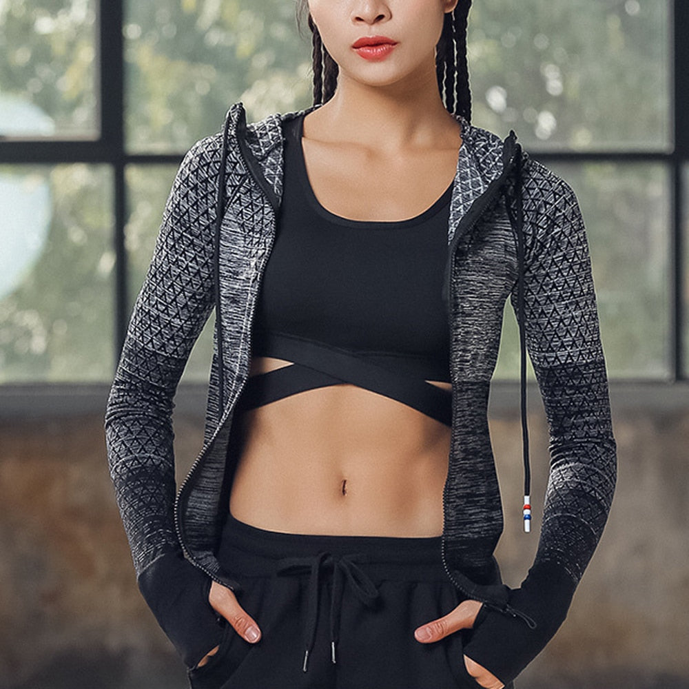 Reißverschluss Fitness Kleidung mit Hut, lange nahtlose Yoga Shirt