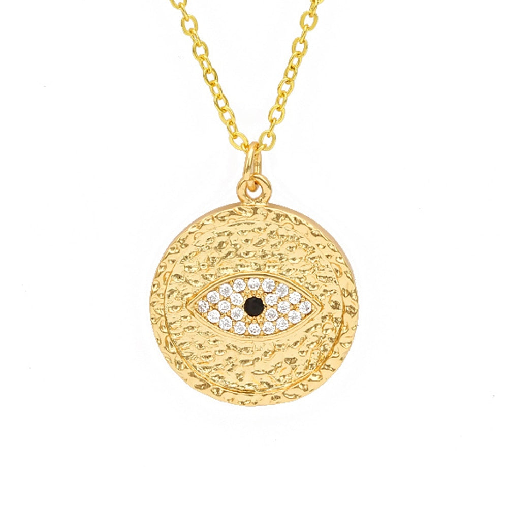Lucky Eye Eulenherz Fatima Handpantoffeln Türkischer Böser Blick Anhänger Halskette Kupfer Goldfarbe, Langkettige Halskette für Frauen BE132