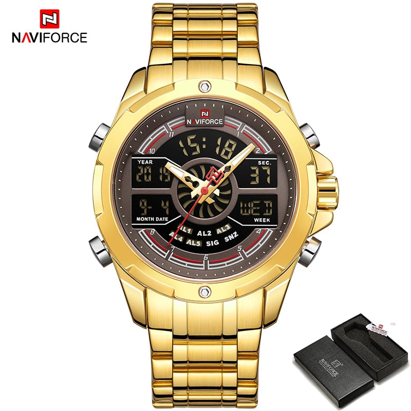 Quarz Militär Digitaluhruhr für Herren, LED Top Golduhr, Voll Stahl Armbanduhr
