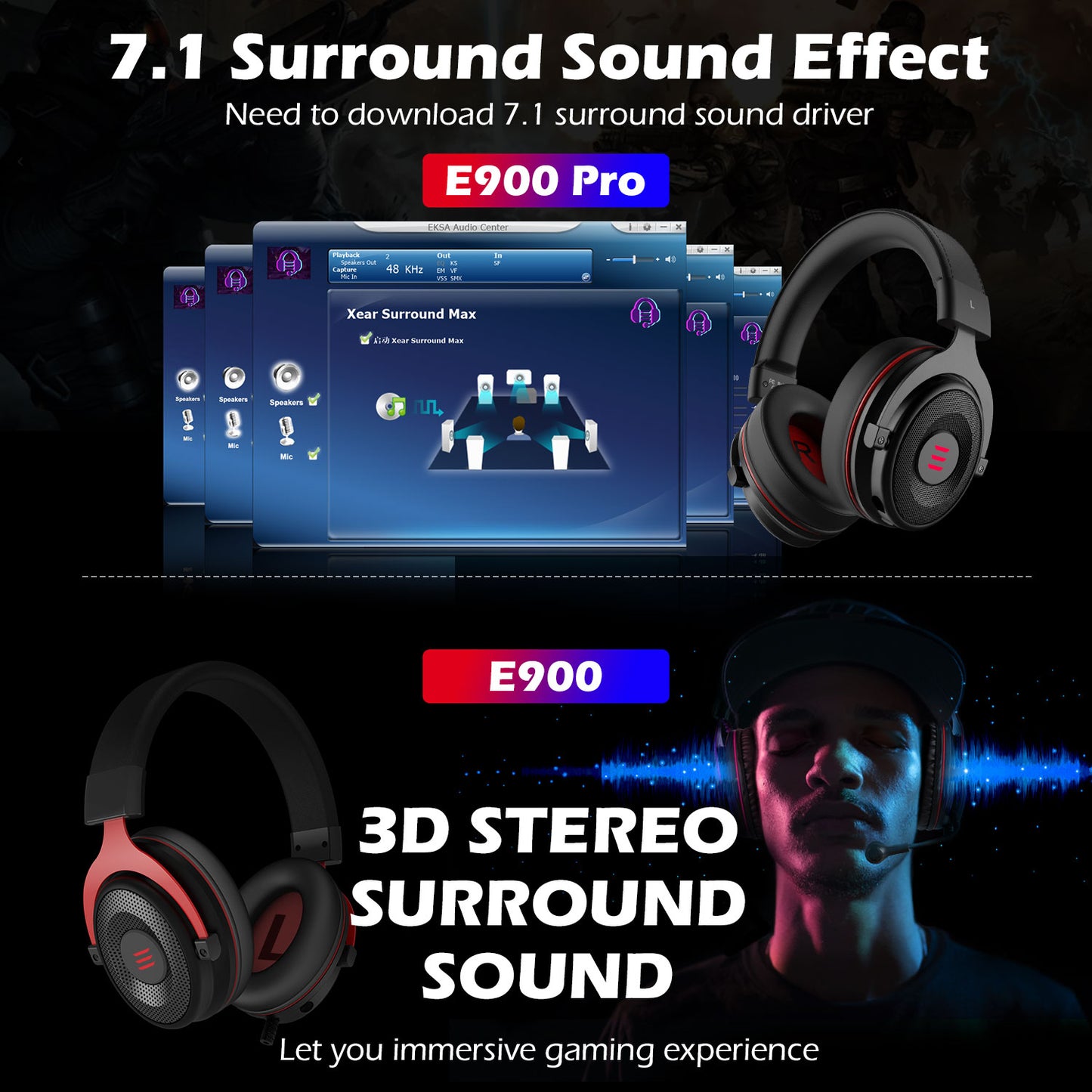 EKSA E900 Pro / E900 Headset Gamer Wired PC USB 3.5mm XBOX/ PS4 Kopfhörer mit Mikrofon 7.1 Surround Sound für Computer und Laptop