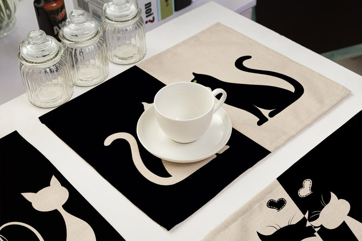 Leinen-Tischsets mit schwarz-weißem Katzendruck für Esstisch-Accessoires, Schüssel, Teller-Platzsets