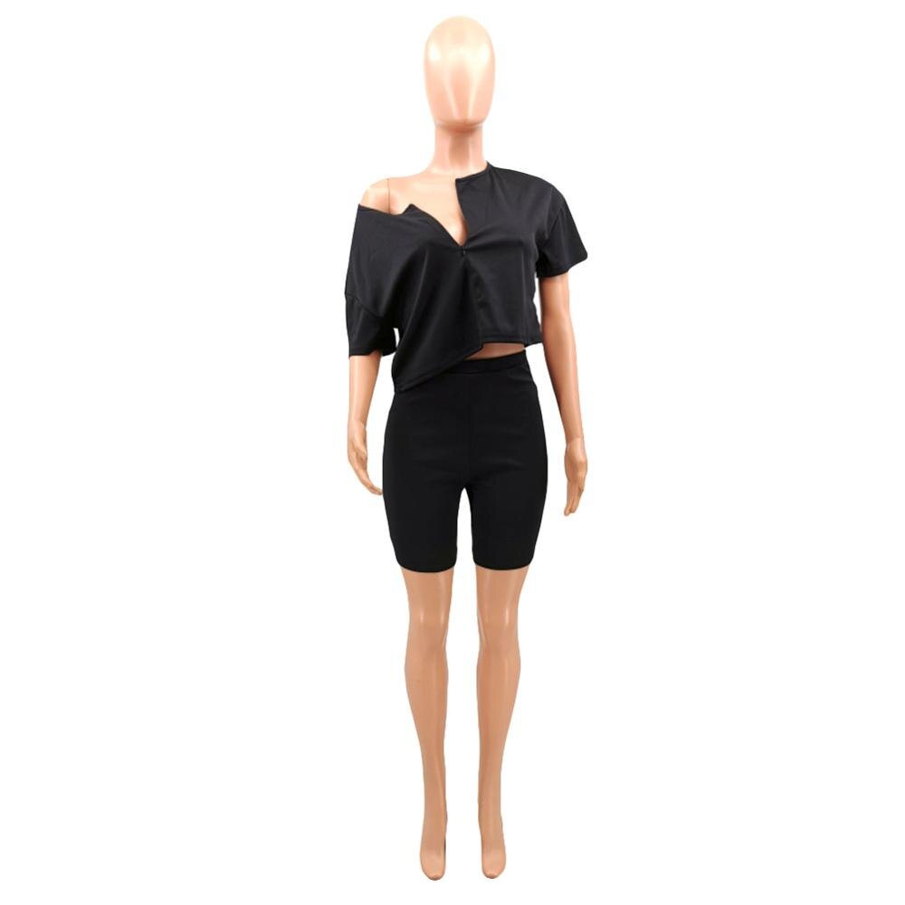 Casual Trainingsanzug, 2 stück set Crop-Top + Kurzhosen & Kurzarm Tiefem V-ausschnitt