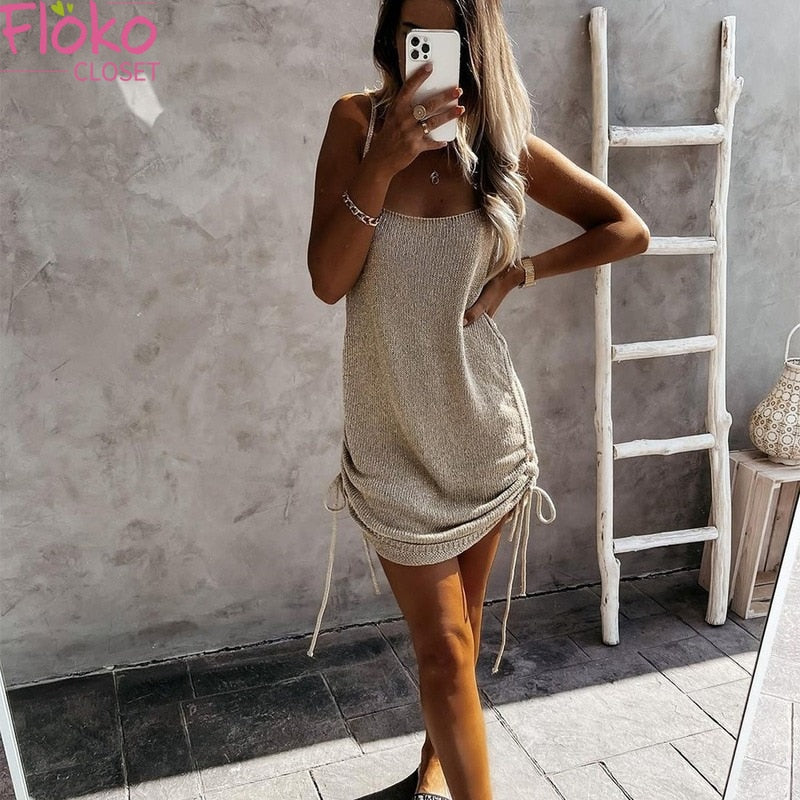 Lässiges Kordelzug dünnes Minikleid, Sexy rückenfreies Spaghetti Träger