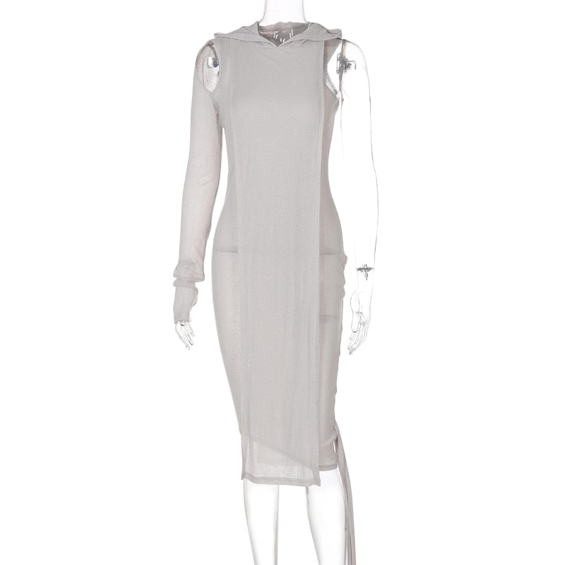 Enge gerippte Kapuze Streetwear-Baddie-Kleidung, Asymmetrische Midi-Kleider