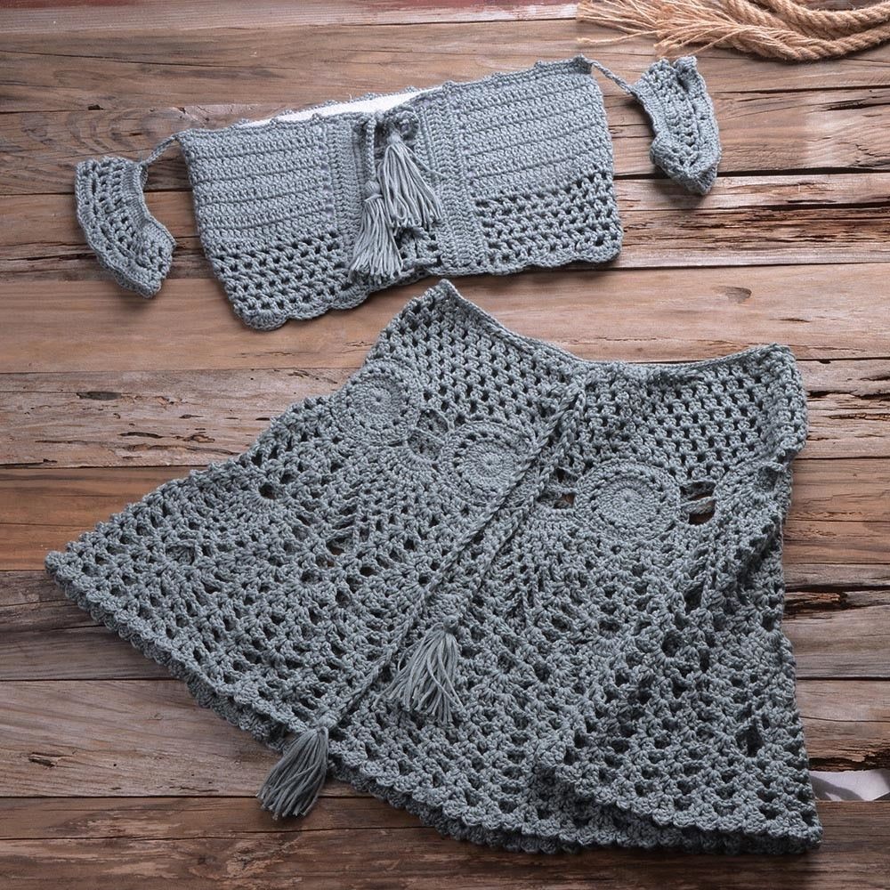 Handgestricktes Sommer Strandkleid-Set, zweiteiliges Set mit aushöhlen Crop Top Minirock