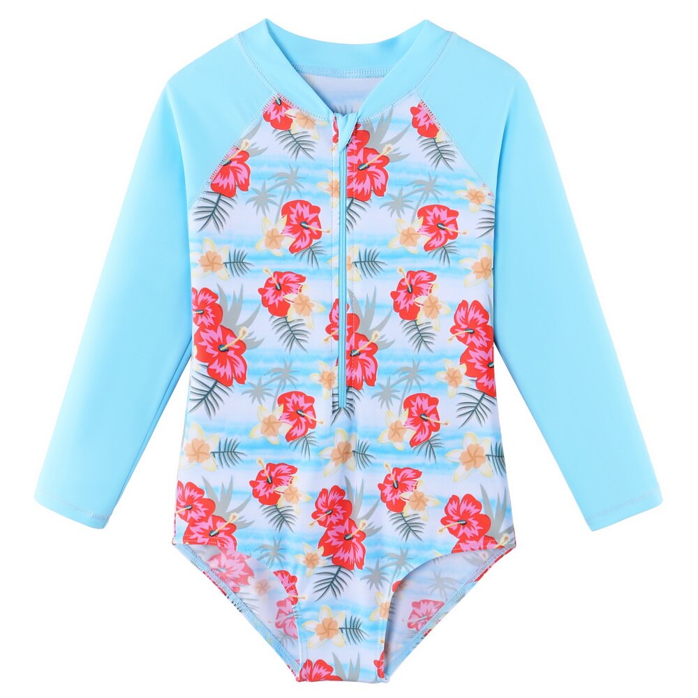 Navy Floral Mädchen Bademode für Kinder, Langarm Einteiler Strand Badeanzug