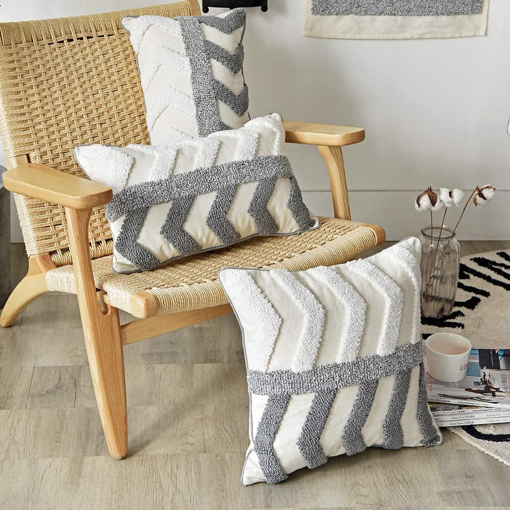 Kissenbezug 30x50cm/45x45cm Grau Elfenbein Stickerei Marokkanischer Stil Zickzack