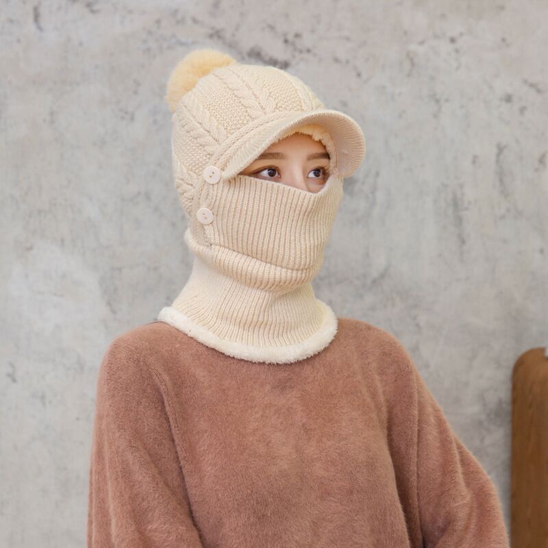 Warmer Hals Strickmütze Pelz Pompoms, Maske Wintermütze für Damen, Wolle Strickmütze