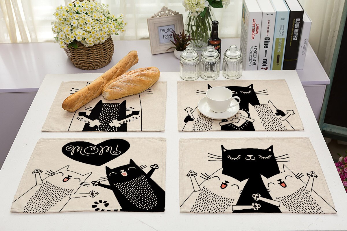 Leinen-Tischsets mit schwarz-weißem Katzendruck für Esstisch-Accessoires, Schüssel, Teller-Platzsets