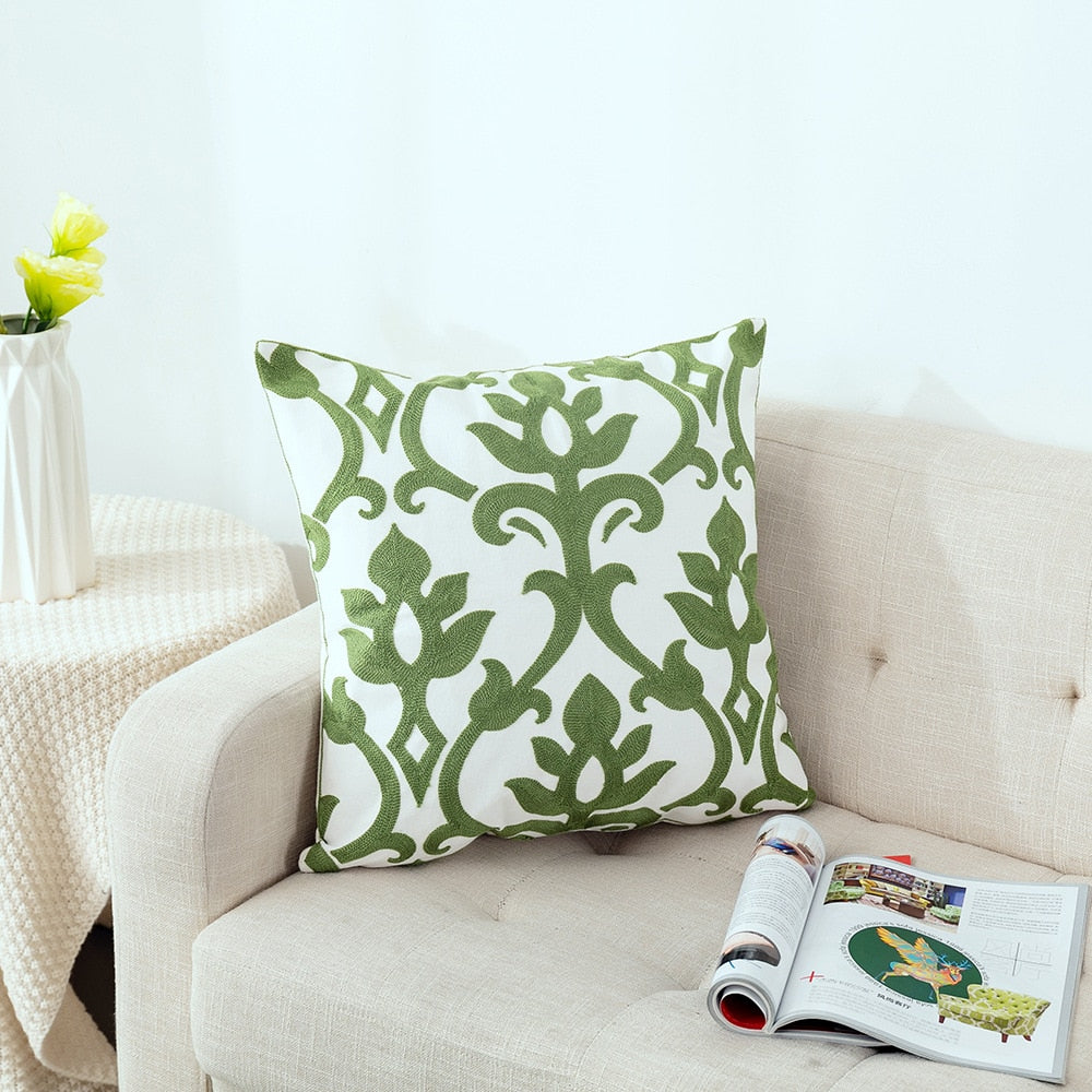 Kissenbezug mit niedlicher floraler geometrischer Stickerei, grün-gelber Kissenbezug für Sofa, Bett, schlichtes Zuhause, 45 x 45 cm