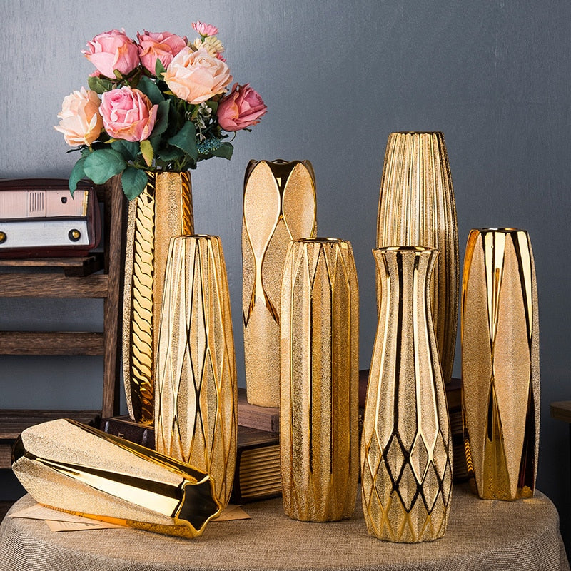 30CM Luxus Europa Gold Keramik Vase, Home Decor Kreatives Design Porzellan, Dekorative Blumenvase Für Hochzeitsdekoration