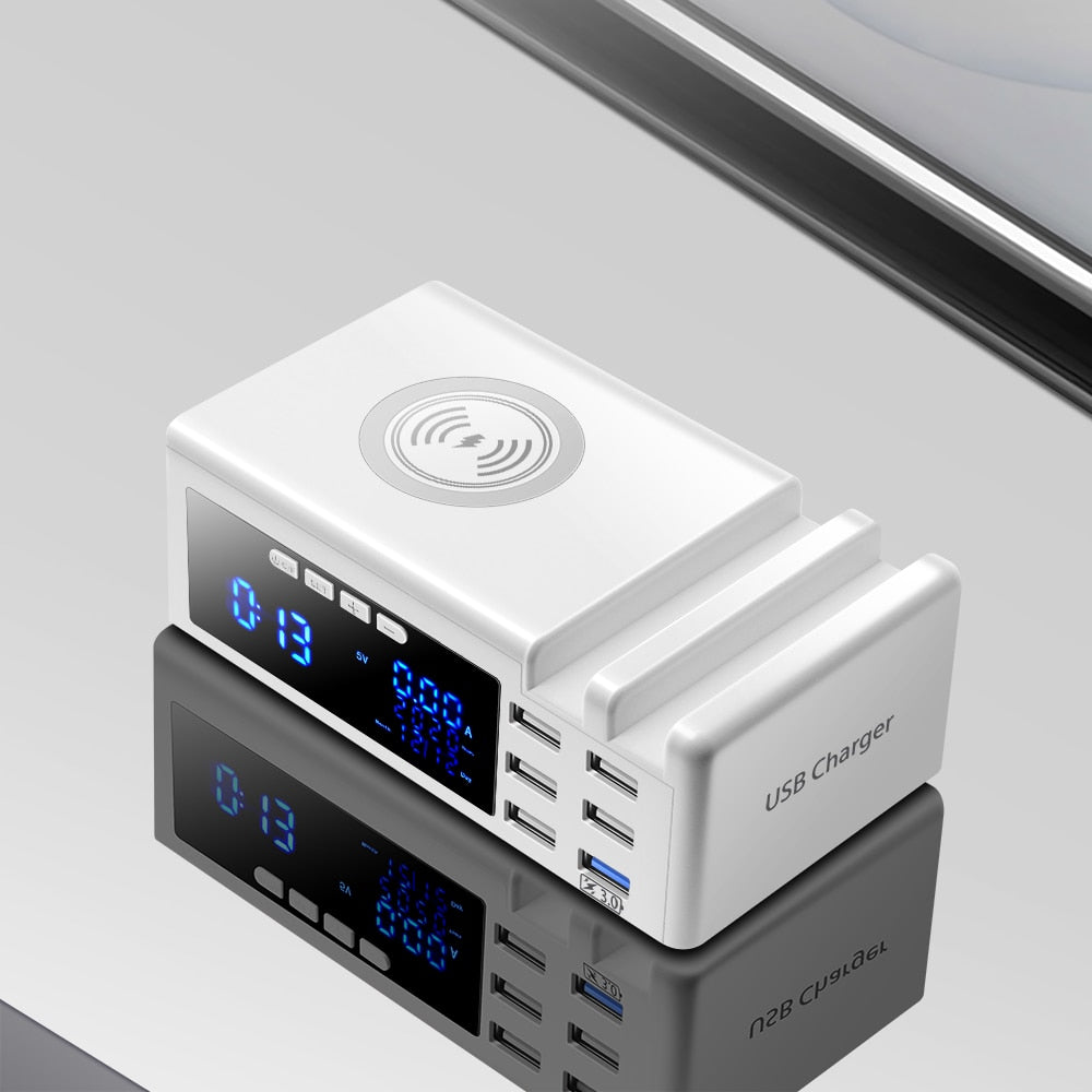 6 Ports QC3.0 USB Ladegerät mit LCD Display Ladestation, Wireless Charger, Schnellladeadapter für iPhone Xiaomi Huawei