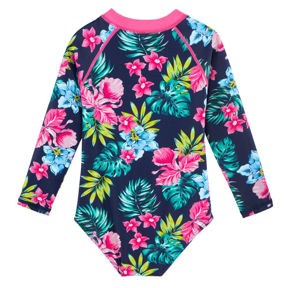 Navy Floral Mädchen Bademode für Kinder, Langarm Einteiler Strand Badeanzug
