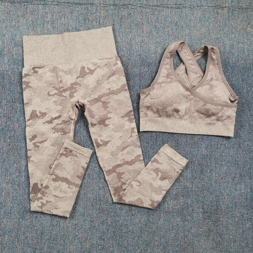 3 Teile / satz Damen Camouflage Yoga Set, Yoga-Leggings für Frauen, gestreifte Kompressionshose