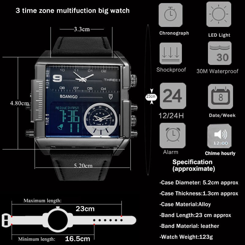 Männer Markensportuhren, 3 Zeitzone, Multifunktions Quarzuhr 24H Kalender Lederarmband