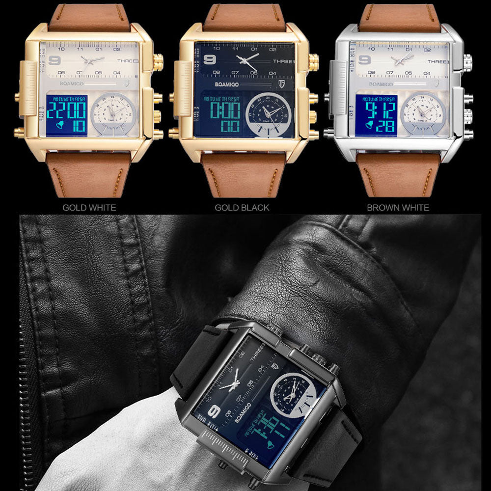 Männer Markensportuhren, 3 Zeitzone, Multifunktions Quarzuhr 24H Kalender Lederarmband