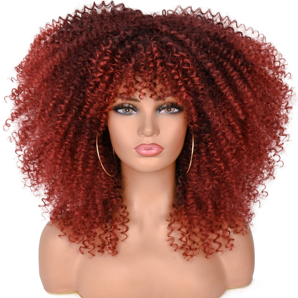 Kurzes Haar Afro Kinky Curly Perücken mit Pony für schwarze Frauen, afrikanische synthetische Lolita Perücken