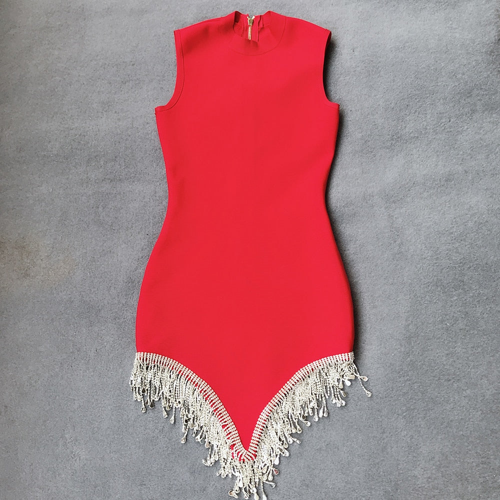Damen Strass Quaste unregelmäßige Rundhalsausschnitt, mehrfarbiges dünnes ärmelloses Sexy Sommerkleid