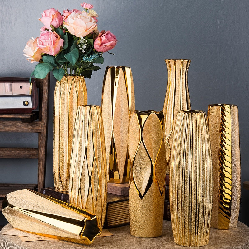 30CM Luxus Europa Gold Keramik Vase, Home Decor Kreatives Design Porzellan, Dekorative Blumenvase Für Hochzeitsdekoration