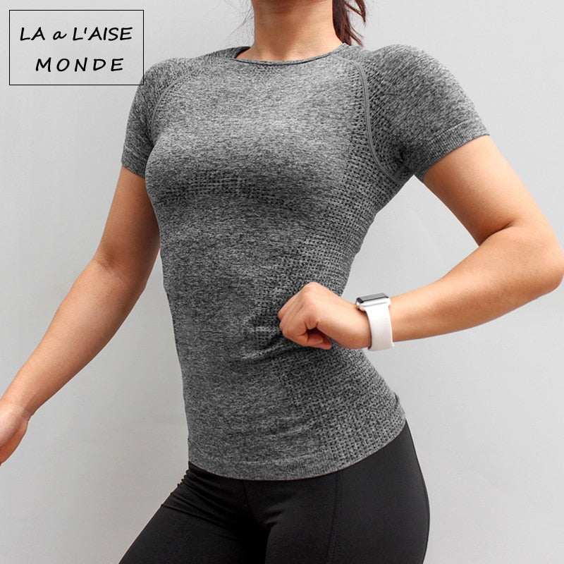 Damen Nahtloses Sportshirt, Kurzarm Yoga Sportbekleidung für Damen