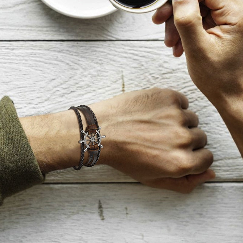 Ruder Charm Mehrschichtige Armbänder mit Leder SeilKette, Handgelenk Armreifen Schmuck