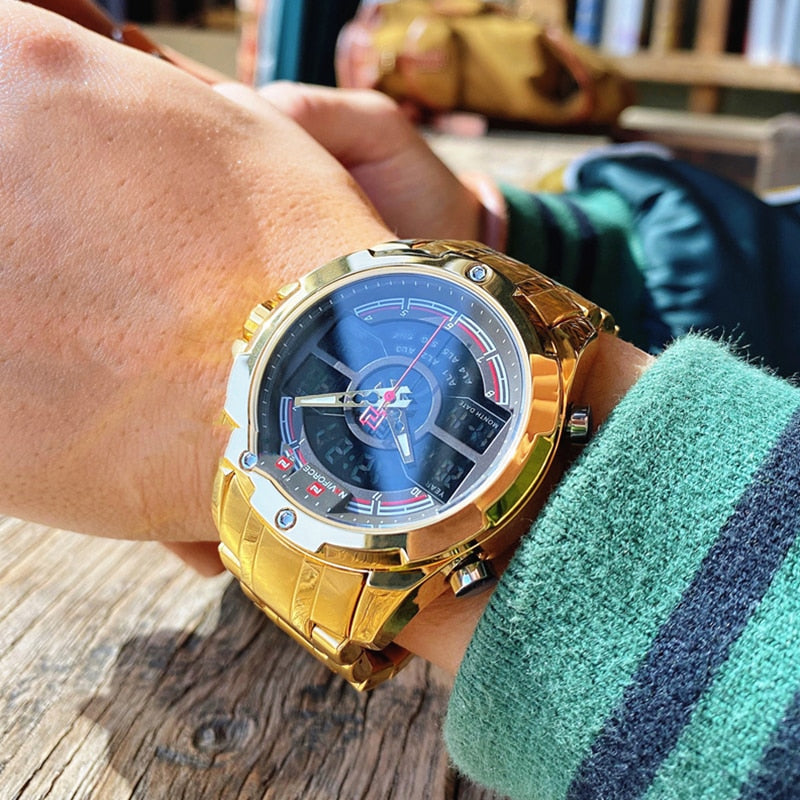 Quarz Militär Digitaluhruhr für Herren, LED Top Golduhr, Voll Stahl Armbanduhr