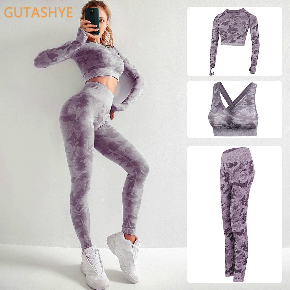 3 Teile / satz Damen Camouflage Yoga Set, Yoga-Leggings für Frauen, gestreifte Kompressionshose