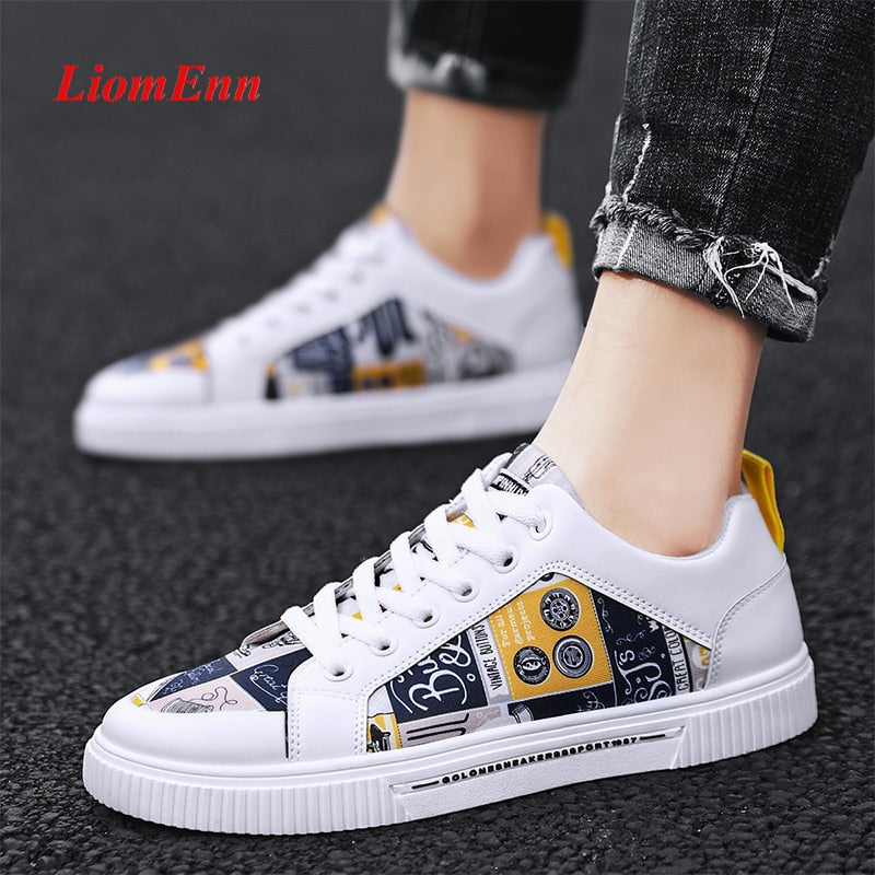 Graffiti Gelb Weiß Sneakers für Frauen, Flache Sport- und Freizeitschuhe, style Vulkanisiert