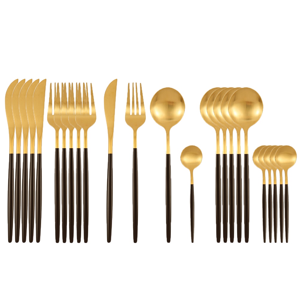 24-teiliges Geschirr-Set aus mattem Gold, Edelstahl 18/10, Messer, Gabel und Löffel Set