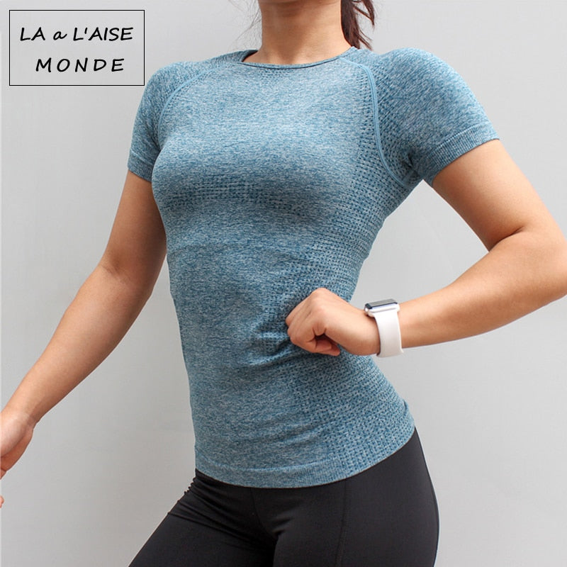 Damen Nahtloses Sportshirt, Kurzarm Yoga Sportbekleidung für Damen