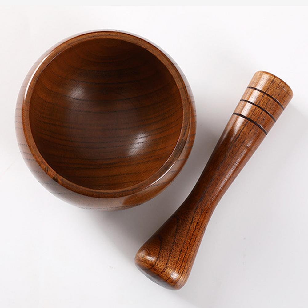 Gestampfter Knoblauchglas-Mörser, alte Mode-Holzmühle, rund, glatt, handpoliert, Stößel-Set zum Mahlen von Kräutern, Gewürzen, Körnern, Pfeffer
