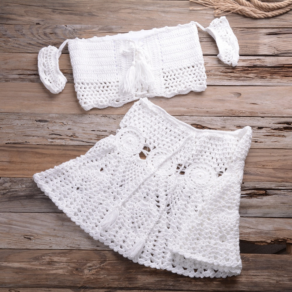 Handgestricktes Sommer Strandkleid-Set, zweiteiliges Set mit aushöhlen Crop Top Minirock