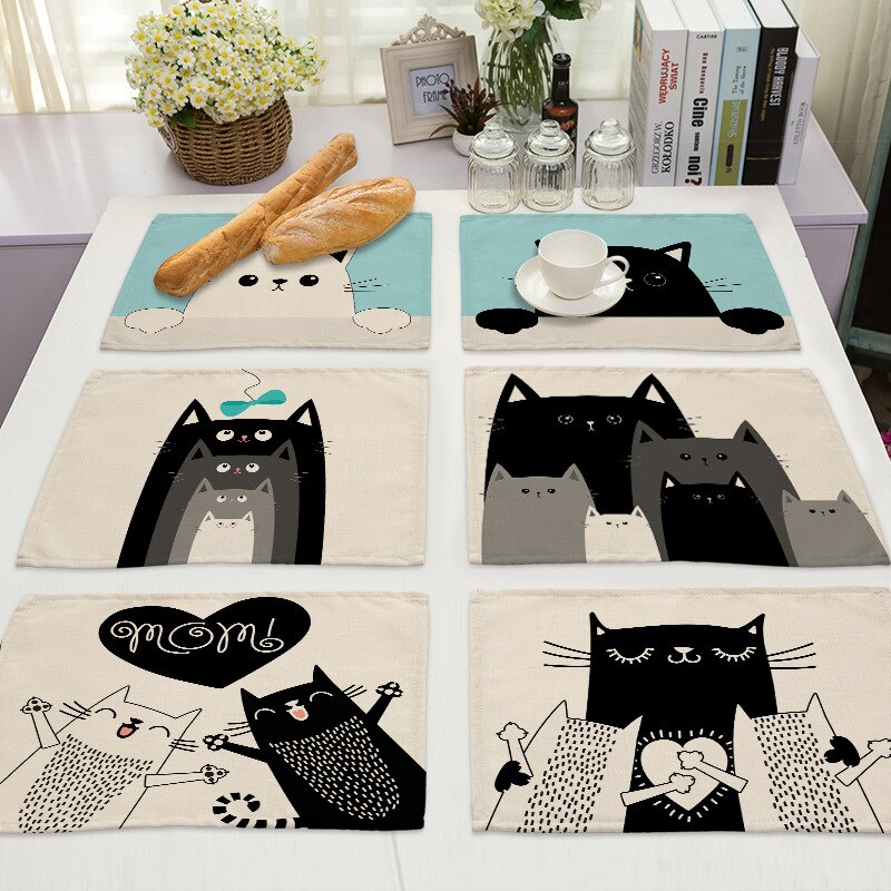 Leinen-Tischsets mit schwarz-weißem Katzendruck für Esstisch-Accessoires, Schüssel, Teller-Platzsets