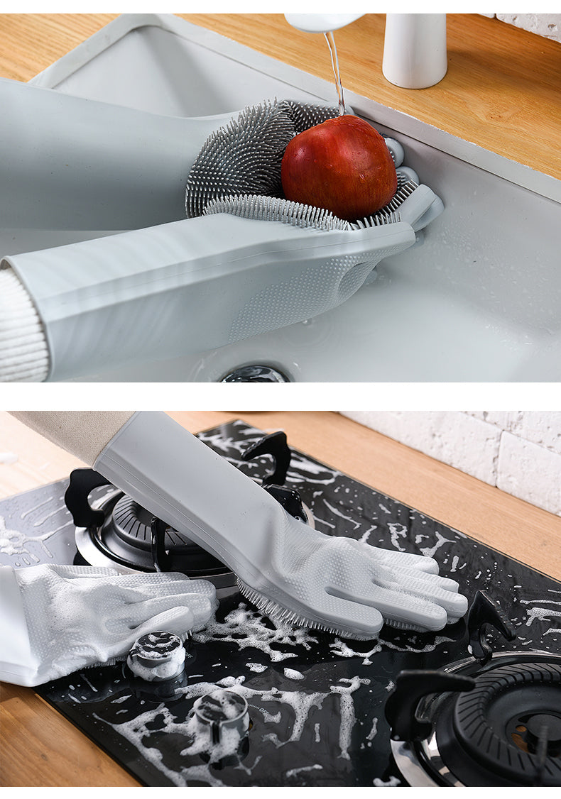 1 Paar Geschirrspülhandschuhe Magic Silicone, Reinigungshandschuhe mit Reinigungsbürste