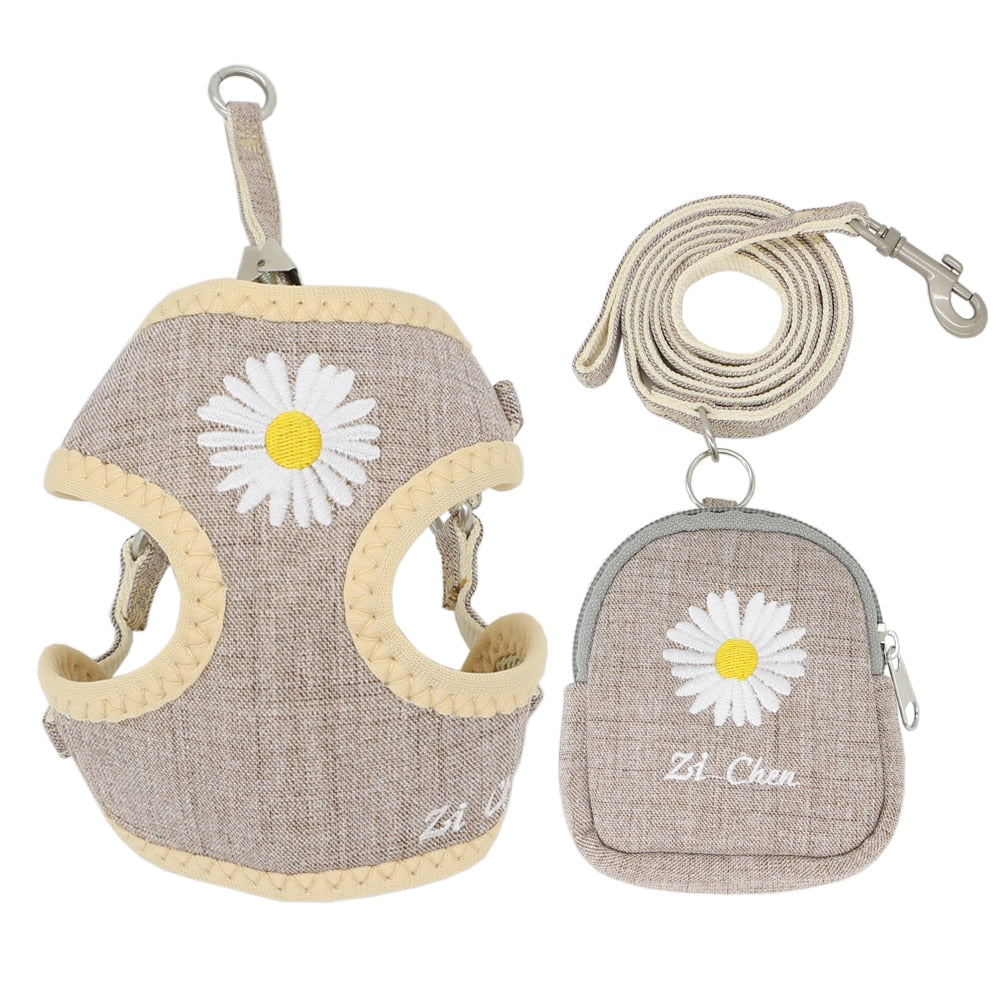 Hundegeschirr und Leine, Stickerei, atmungsaktiv, verstellbar, Snacktasche, Haustiergeschirr für kleine, mittelgroße Hunde, Katzen, Weste, Hundezubehör