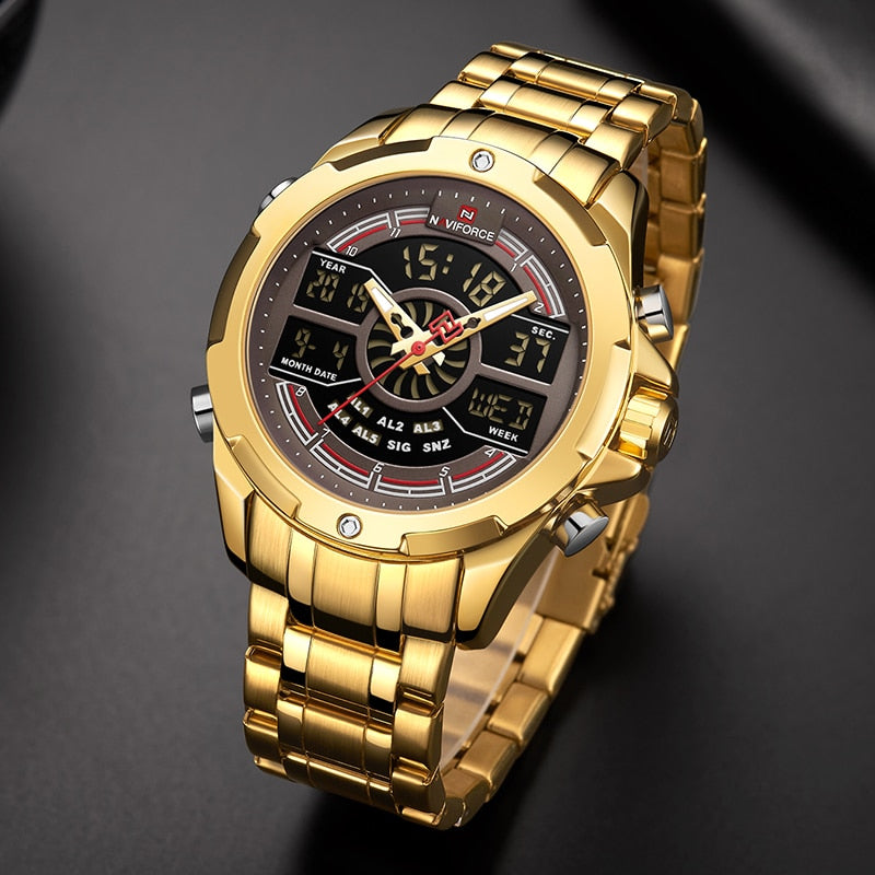 Quarz Militär Digitaluhruhr für Herren, LED Top Golduhr, Voll Stahl Armbanduhr