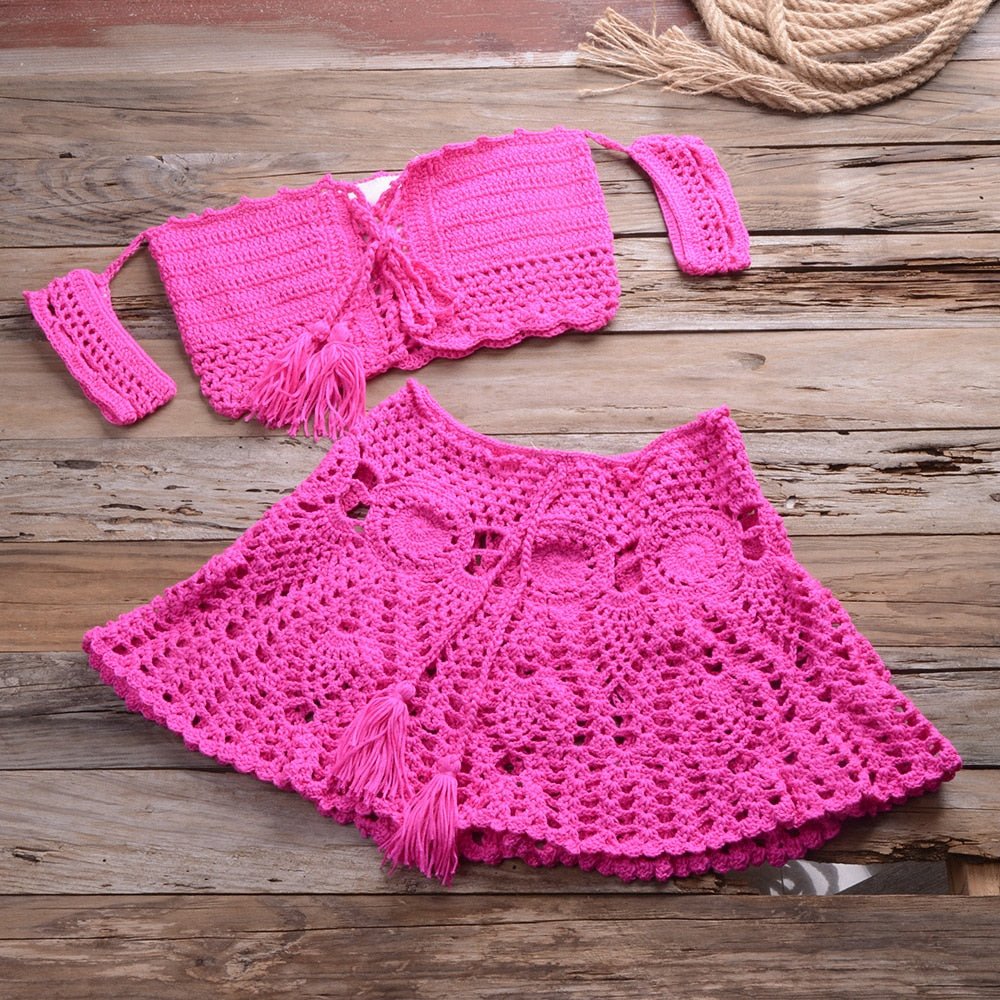 Handgestricktes Sommer Strandkleid-Set, zweiteiliges Set mit aushöhlen Crop Top Minirock