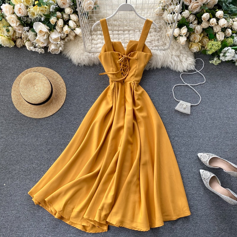 2023 Neue Frauen V-Ausschnitt Partykleid, Sommerkleid Retro Einfarbig