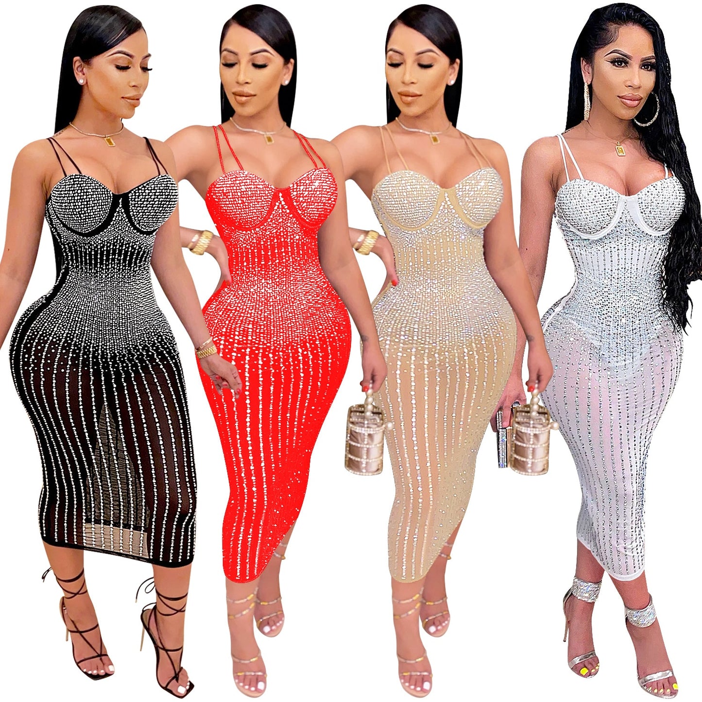 Damen Party Clubwear Mesh, durchsichtig Diamant Bodycon Sling Kleid