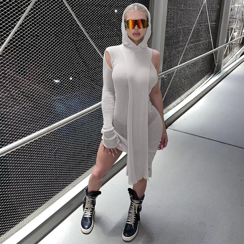 Enge gerippte Kapuze Streetwear-Baddie-Kleidung, Asymmetrische Midi-Kleider